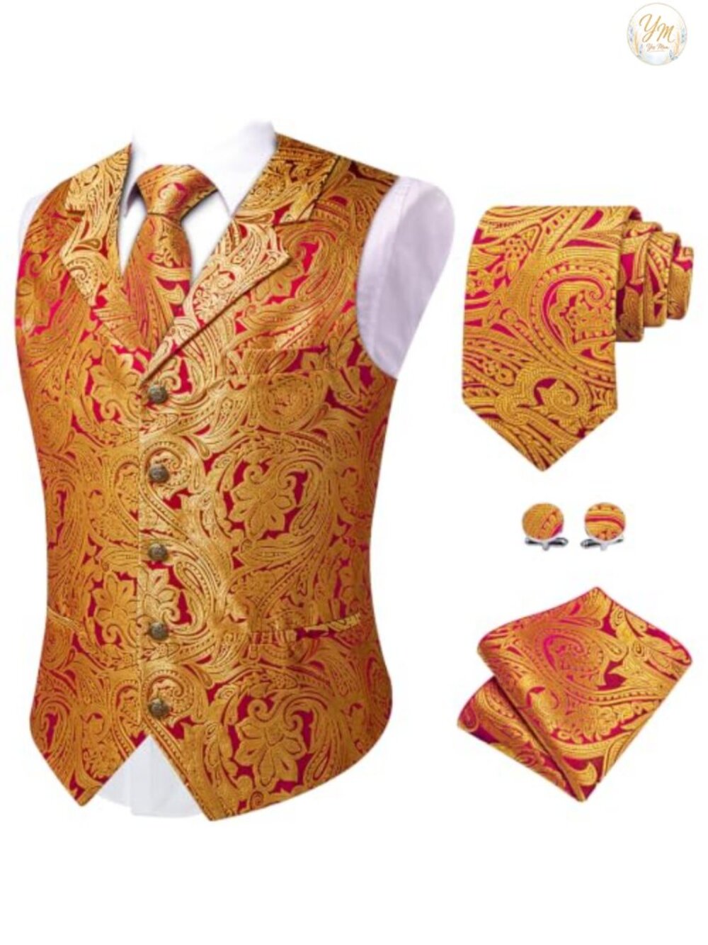 Mens Paisley Suit Vest 4PC Set Necktie Pocket Square Cufflinks Formal Waistcoat